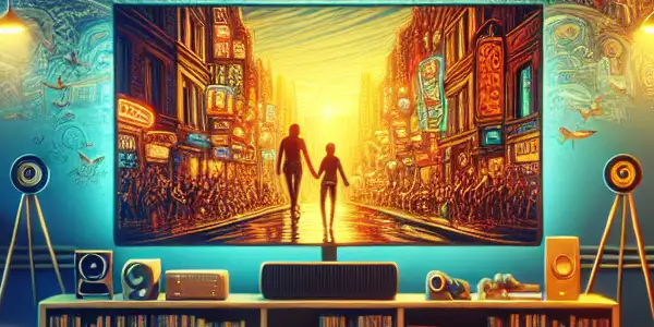 A cozy living room with a sofa, popcorn, and a TV displaying a classic movie scene.