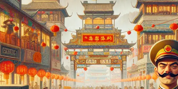 A lively vintage street scene in 1920s China featuring a charismatic warlord and colorful characters amidst a chaotic atmosphere.