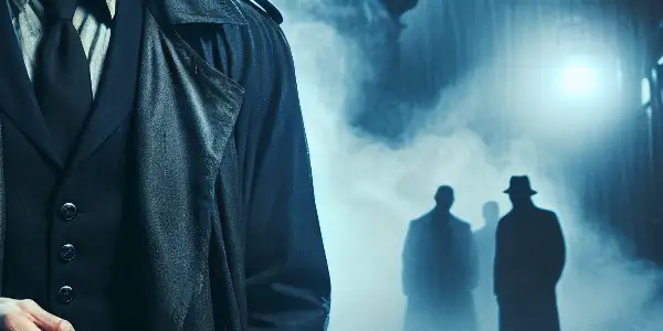 A troubled police officer in a foggy urban street, caught between duty and revenge, amidst shadowy conspiracies.