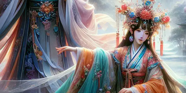 A romantic scene of Dong Yong and the Seventh Fairy in a lush, ethereal Chinese landscape filled with cherry blossoms.