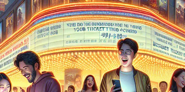 A lively group of enthusiastic moviegoers in Dalian discussing films while holding smartphones with discounted ticket offers.