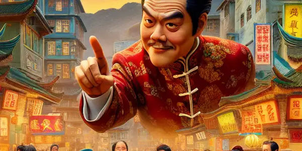 A humorous scene featuring a bumbling official in a vibrant 1990s Hong Kong marketplace, surrounded by quirky townspeople.