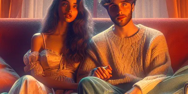 A cozy room with two young adults sharing a romantic moment, surrounded by popcorn, love letters, and fairy lights.