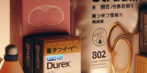 A modern Japanese room showcasing elegantly packaged AV condoms with subtle adult film elements and symbols of safety.
