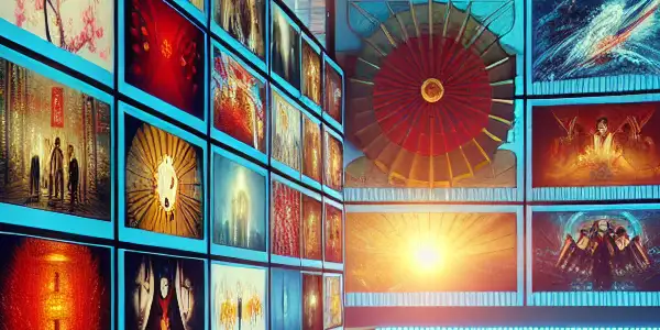 A modern digital platform showcasing vibrant thumbnails of diverse Japanese adult films in an inviting atmosphere.