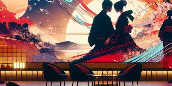 A stylish, dimly lit room featuring characters embodying Japanese adult film allure, with elegant decor and a cinematic atmosphere.