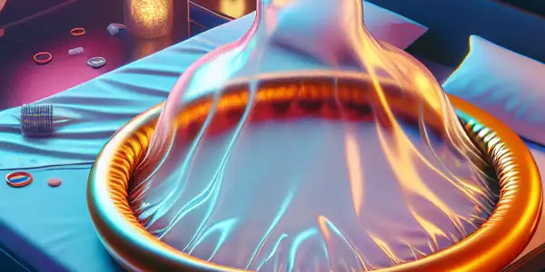 A seductive scene featuring a prominent ultra-thin condom in a modern, intimate bedroom with soft lighting and cultural motifs.