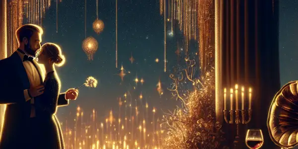 A couple in a passionate embrace in a dimly-lit, elegantly decorated room.