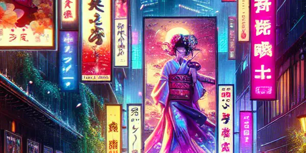 A vibrant Tokyo street at night, featuring neon lights, movie posters, and sakura petals, evoking Japanese AV cinema allure.