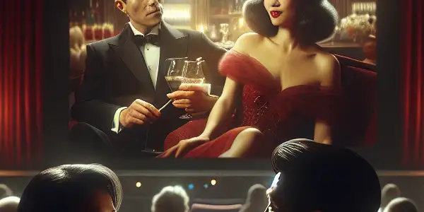 A couple enjoys a romantic film in a luxurious cinema, surrounded by vintage decor and soft lighting.