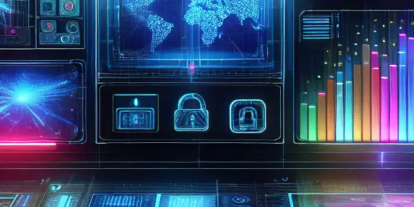 Futuristic interface for an advanced adult film search tool, featuring neon colors and privacy symbols.